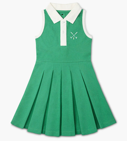 Girls sleeveless, green, pleated golf dress. White trim around arms, fold-over collar, and 3 button closure.