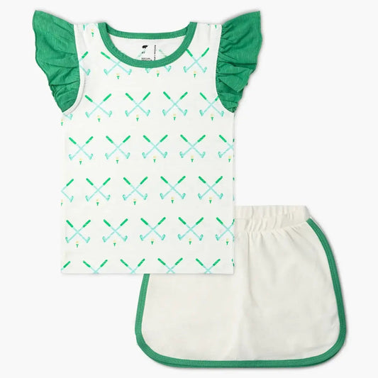 Girls golf themed outfit with a white shirt with green ruffle sleeves, a green and blue golf print of crossed golf clubs. A white skort with green trim.