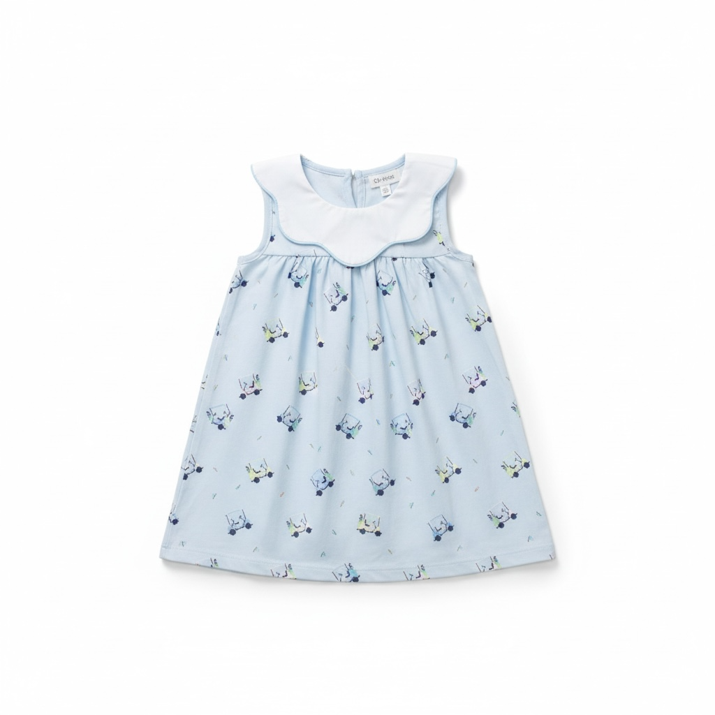 Tatum Girl Golf Dress in light blue with golf cart print and classic scalloped collar, laid flat