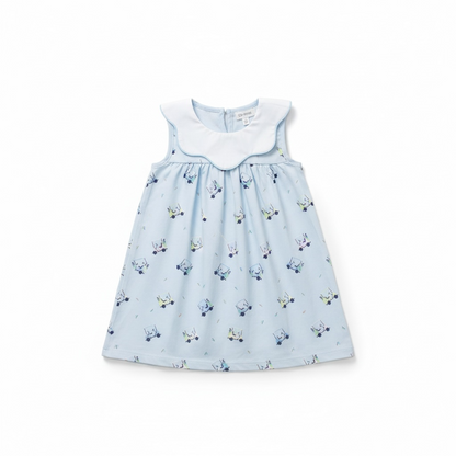 Tatum Girl Golf Dress in light blue with golf cart print and classic scalloped collar, laid flat