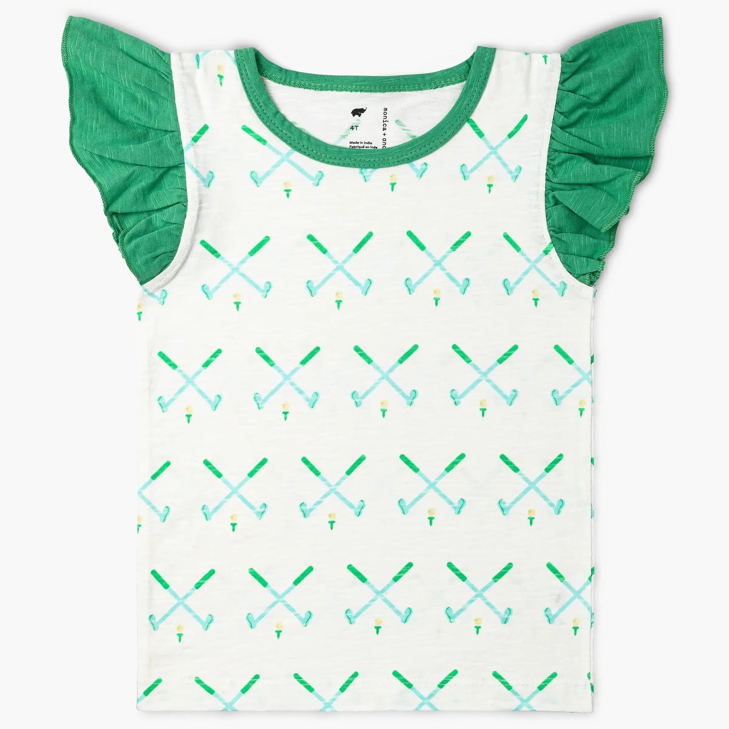 White shirt with green ruffle sleeves. Green and blue crossed golf club pattern all over.