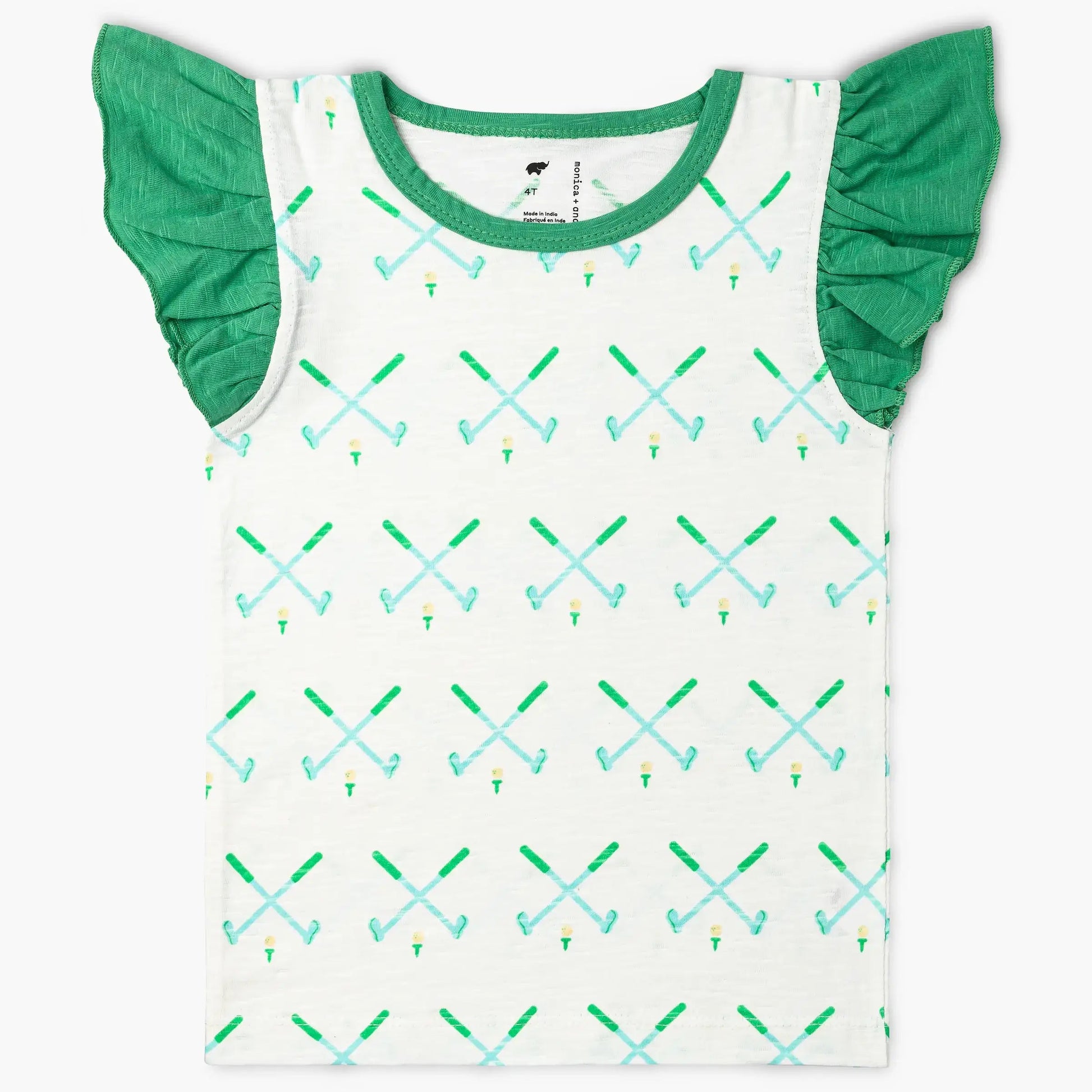 White shirt with green ruffle sleeves. Green and blue crossed golf club pattern all over.