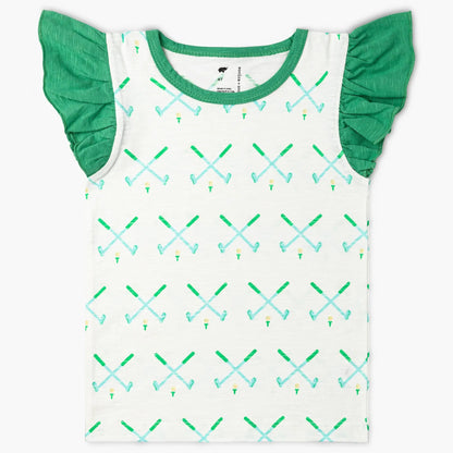 White shirt with green ruffle sleeves. Green and blue crossed golf club pattern all over.