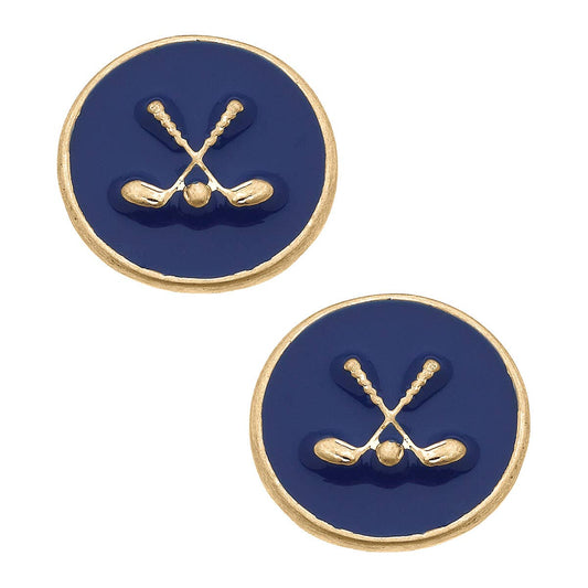 Round Golf club earrings with gold outline and golf crossed clubs with a ball on a navy background 