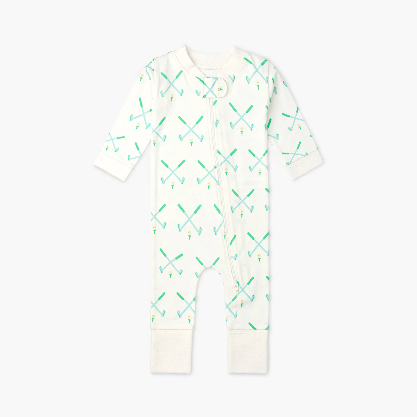 White golf baby onesie with green and blue crossed golf club pattern. Long sleeves, double zipper, and snap closure.