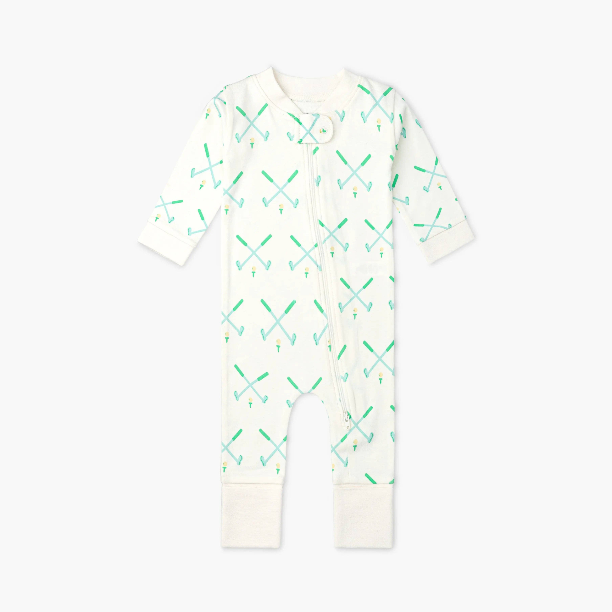 White golf baby onesie with green and blue crossed golf club pattern. Long sleeves, double zipper, and snap closure.