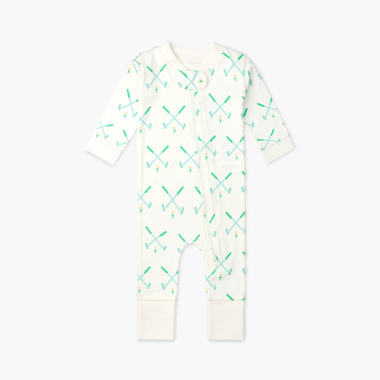 White golf baby onesie with green and blue crossed golf club pattern. Long sleeves, double zipper, and snap closure.