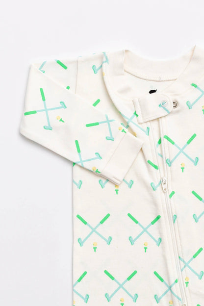 White golf themed sleeper with long sleeves and a blue and green crossed golf club pattern. Zipper and snap closure at the top.