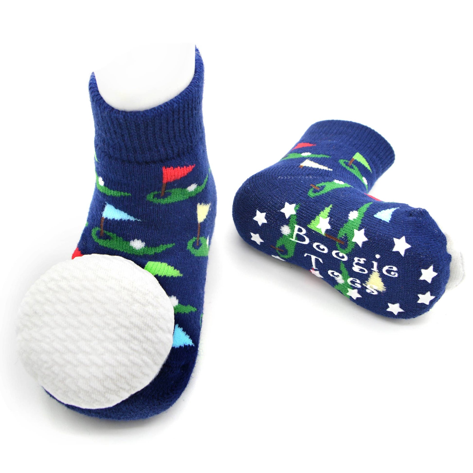 Rattle socks with golf pattern. Navy with different color pin flags and golf balls. Soft golf ball rattle on the toes.
