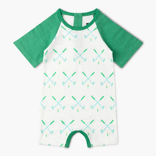 Baby romper with green sleeves and white body with green and blue golf club pattern 
