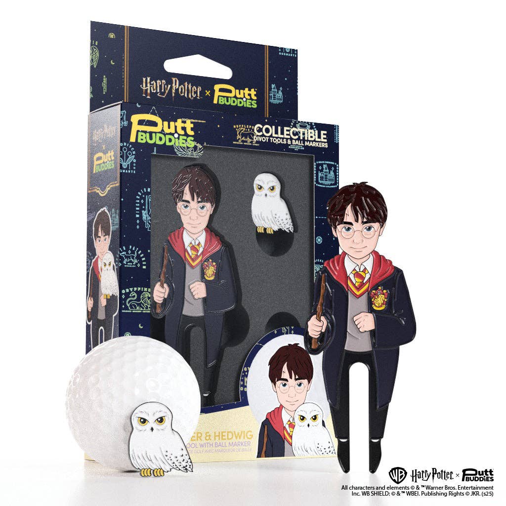 Harry Potter x PuttBuddies divot tool and Hedwig ball marker displayed in branded collectible packaging