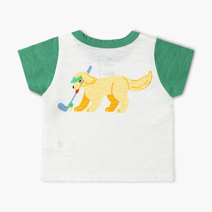 Back view of Monica and Andy kids golf T-shirt with playful yellow dog golfing design on white slub jersey and green sleeves – soft organic cotton tee from Aster and Ace.