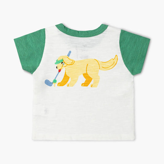 Back view of Monica and Andy kids golf T-shirt with playful yellow dog golfing design on white slub jersey and green sleeves – soft organic cotton tee from Aster and Ace.