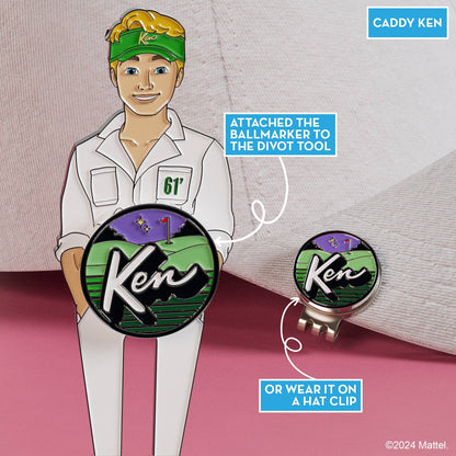 Caddy Ken magnetic ball marker attached to divot tool and worn on golf hat clip