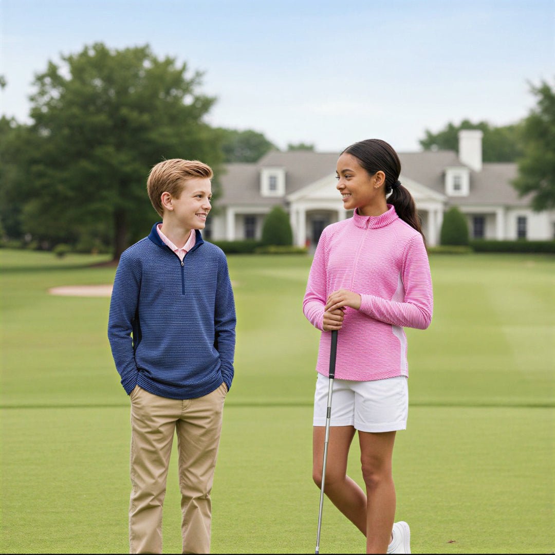 A boy in a blue quarter-zip performance pullover and khaki pants stands next to a girl in a pink long-sleeve quarter zip performance top and white shorts on a golf course, with a large white house in the background.