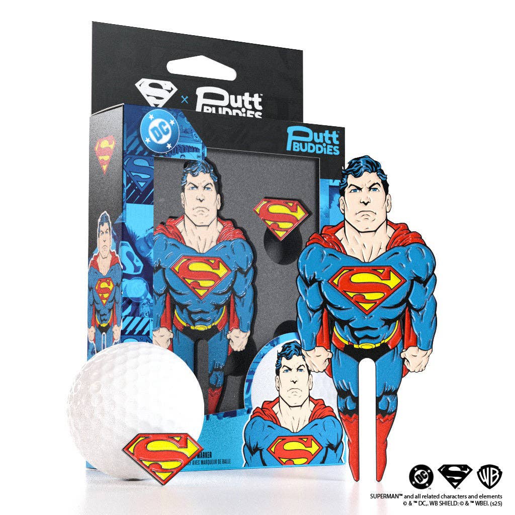 Superman divot tool and S-Shield ball marker golf gift set with magnetic hat clip and protective collector tin by PuttBuddies