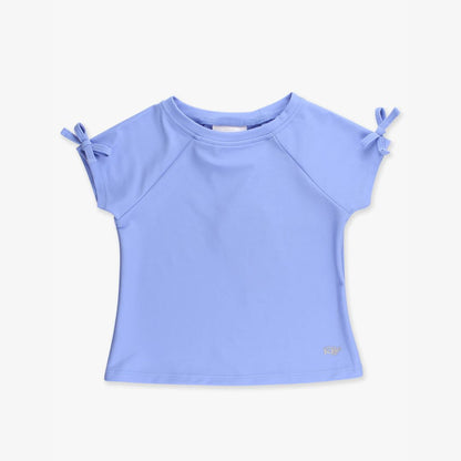 Girls performance raglan with bow detail shirt front view with bow sleeve details and soft stretch fabric