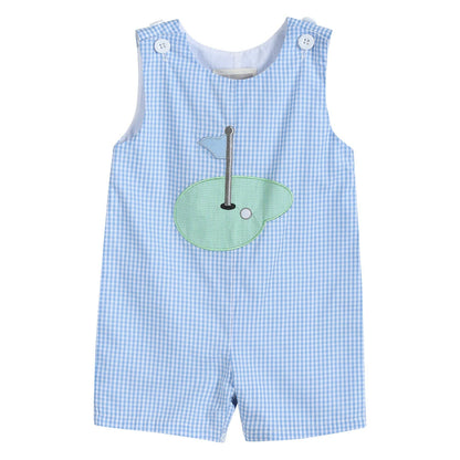 Flat lay of blue gingham baby golf shortall showing overall shape and pattern