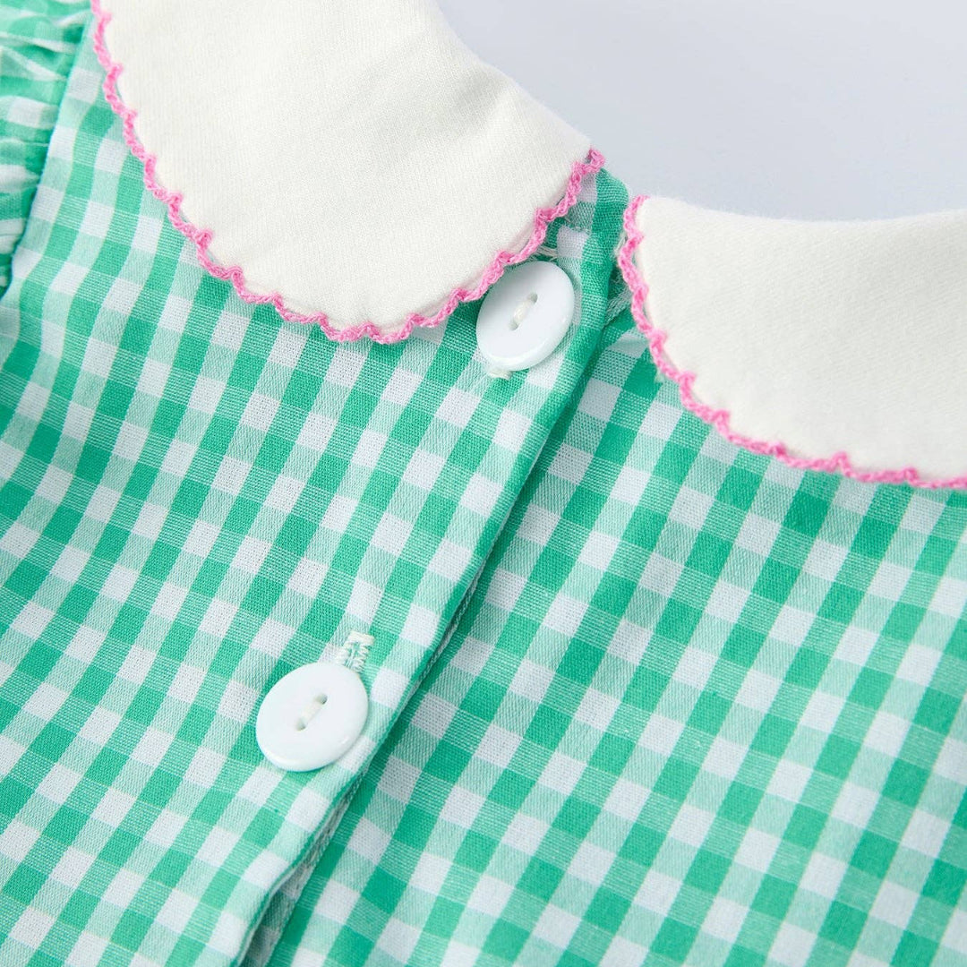 Girls green gingham dress with white buttons and white scalloped collar and pink trim detail