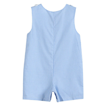 Back view of blue gingham baby shortall showing full one-piece design