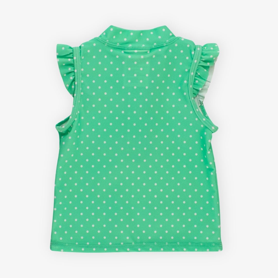 Girls green athletic top with polka dots and ruffle sleeves back