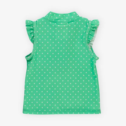 Girls green athletic top with polka dots and ruffle sleeves back