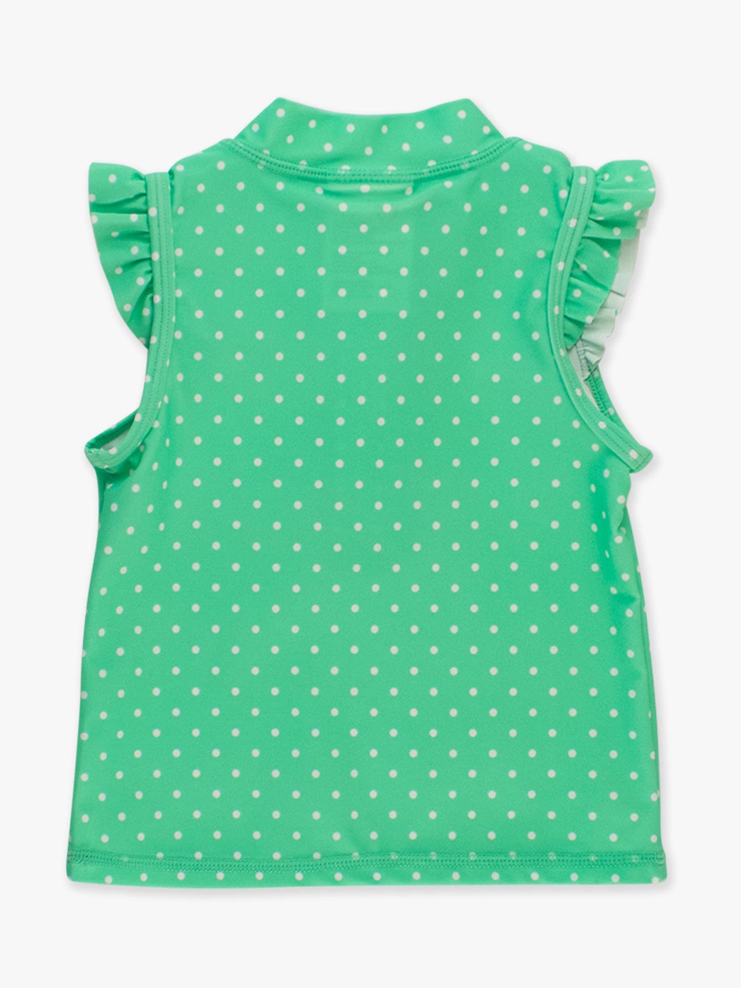 Girls green athletic top with polka dots and ruffle sleeves back