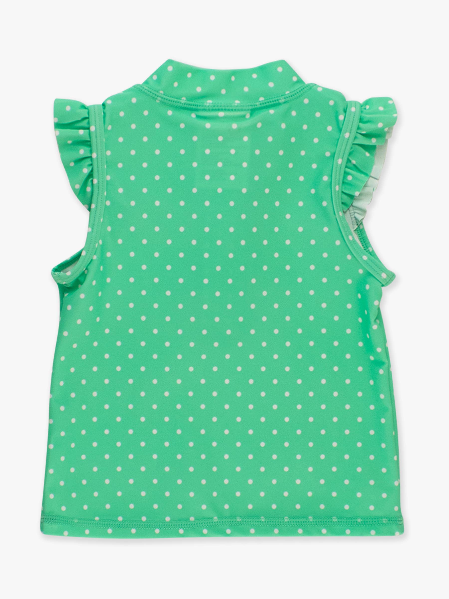 Girls green athletic top with polka dots and ruffle sleeves back