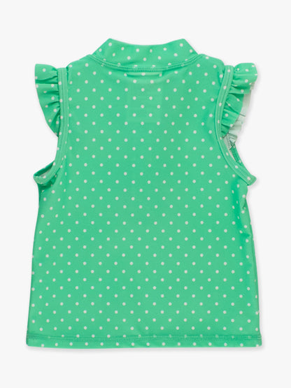 Girls green athletic top with polka dots and ruffle sleeves back