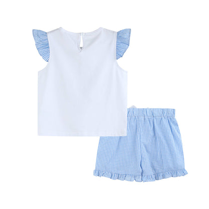 Back view of light blue gingham golf hole ruffle tee and shorts set for toddlers, showing flutter sleeves and elastic waist shorts.