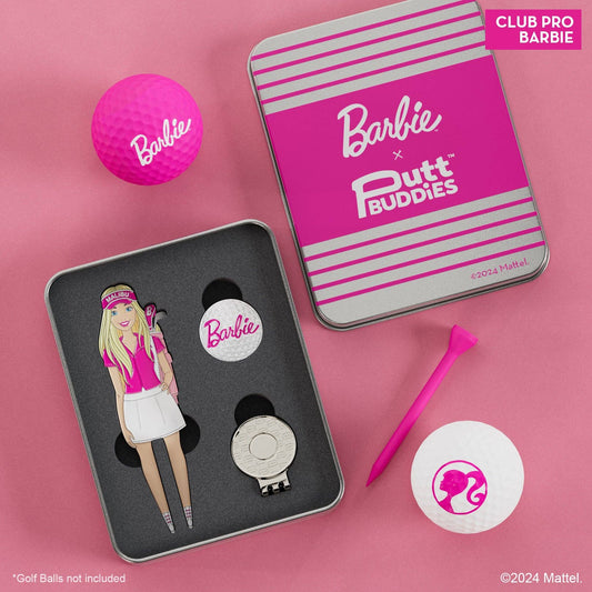 Club Pro Barbie divot tool and magnetic golf ball marker gift set in protective tin, featuring Barbie golfer design and pink accents