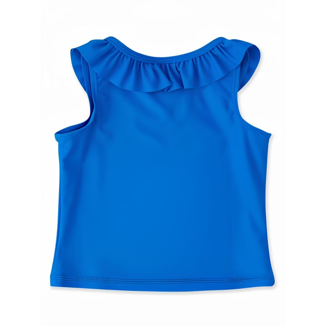 Girls activewear tank with blue ruffle around the collar back detail