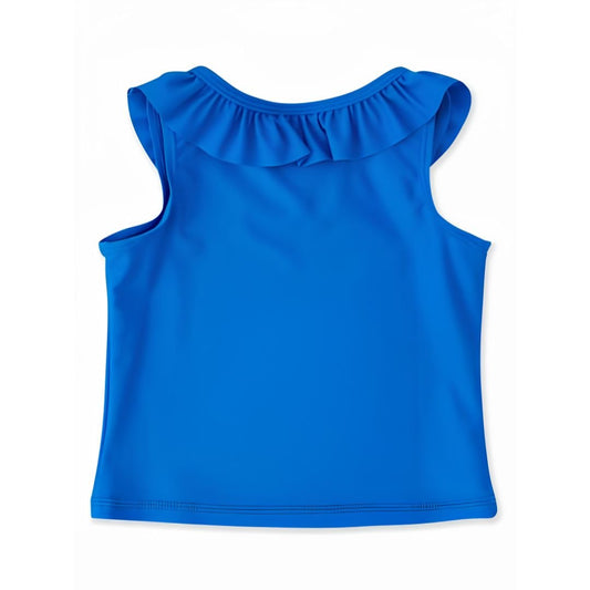 Girls activewear tank with blue ruffle around the collar back detail