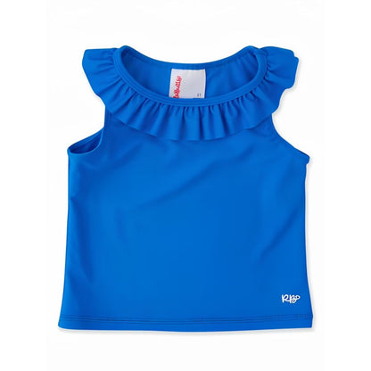Blue activewear tank top with ruffle detail around the neck