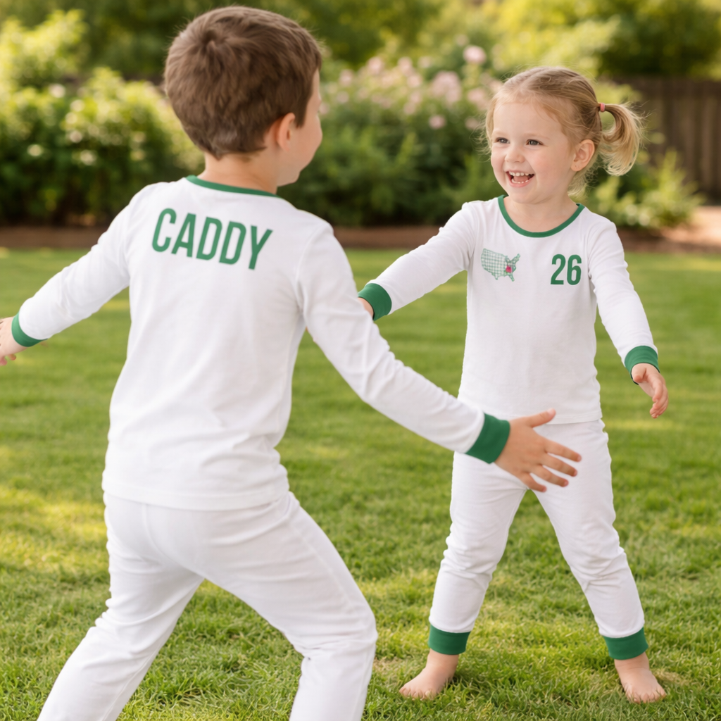 Two young children wearing matching white pajamas with green trim, one showing “CADDY” on the back and the other with a “26” graphic, playing together outdoors on grass