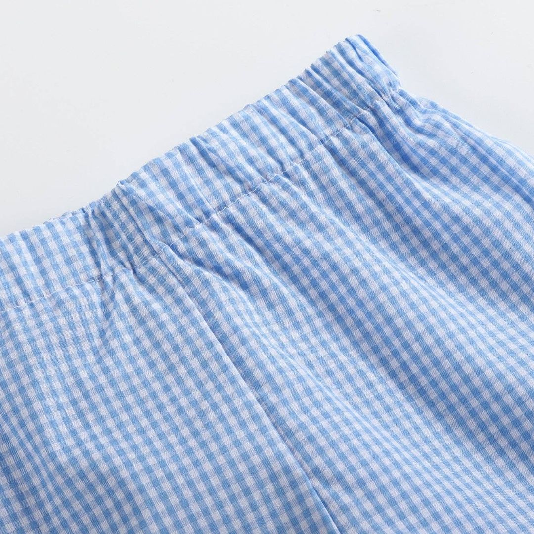 Blue gingham toddler shorts fabric detail with elastic waistband for comfort