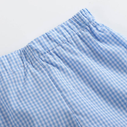 Blue gingham toddler shorts fabric detail with elastic waistband for comfort