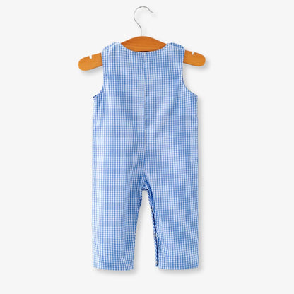 Full back view of blue plaid baby boy baseball romper on hanger
