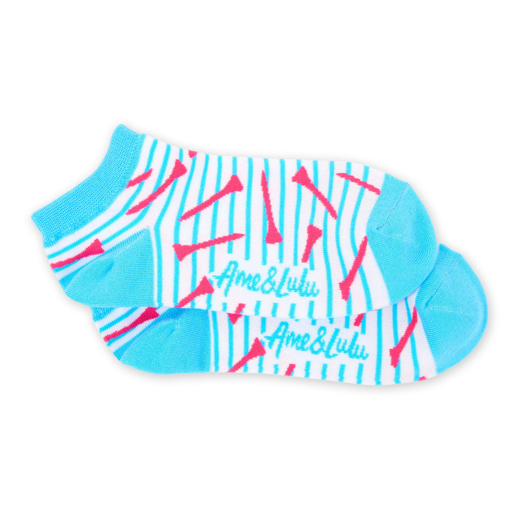 Bright blue and white striped ankle socks with pink golf tee pattern and Ame & Lulu logo, stacked pair on white background