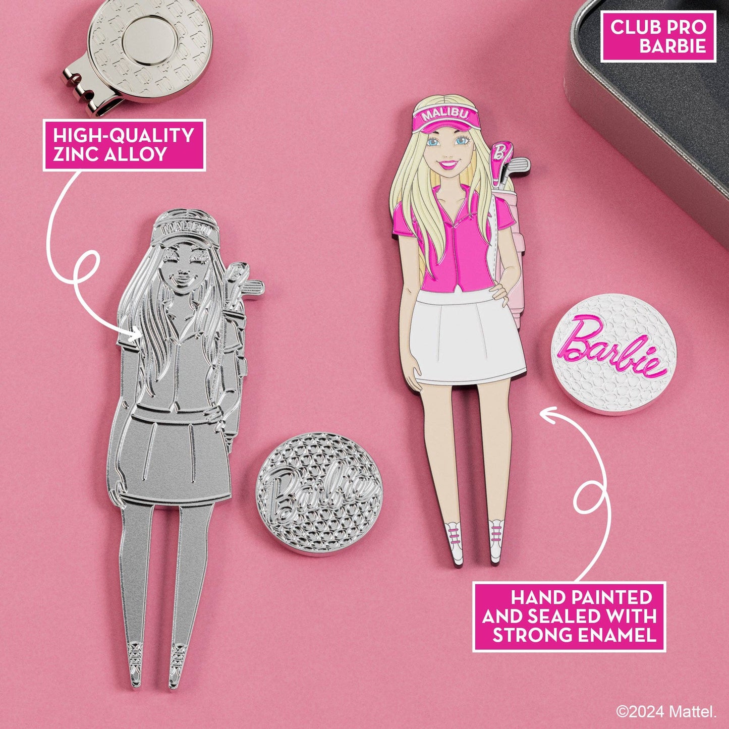 Close-up of Club Pro Barbie divot tool and magnetic ball marker made from high-quality zinc alloy with hand-painted enamel finish
