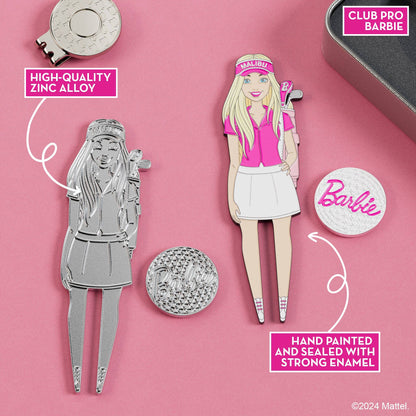 Close-up of Club Pro Barbie divot tool and magnetic ball marker made from high-quality zinc alloy with hand-painted enamel finish