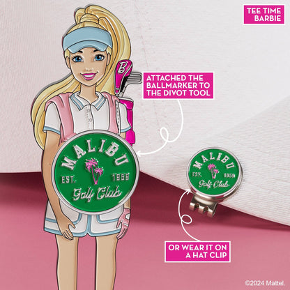 Tee Time Barbie divot tool showing removable magnetic Malibu Golf Club ball marker attached to the front