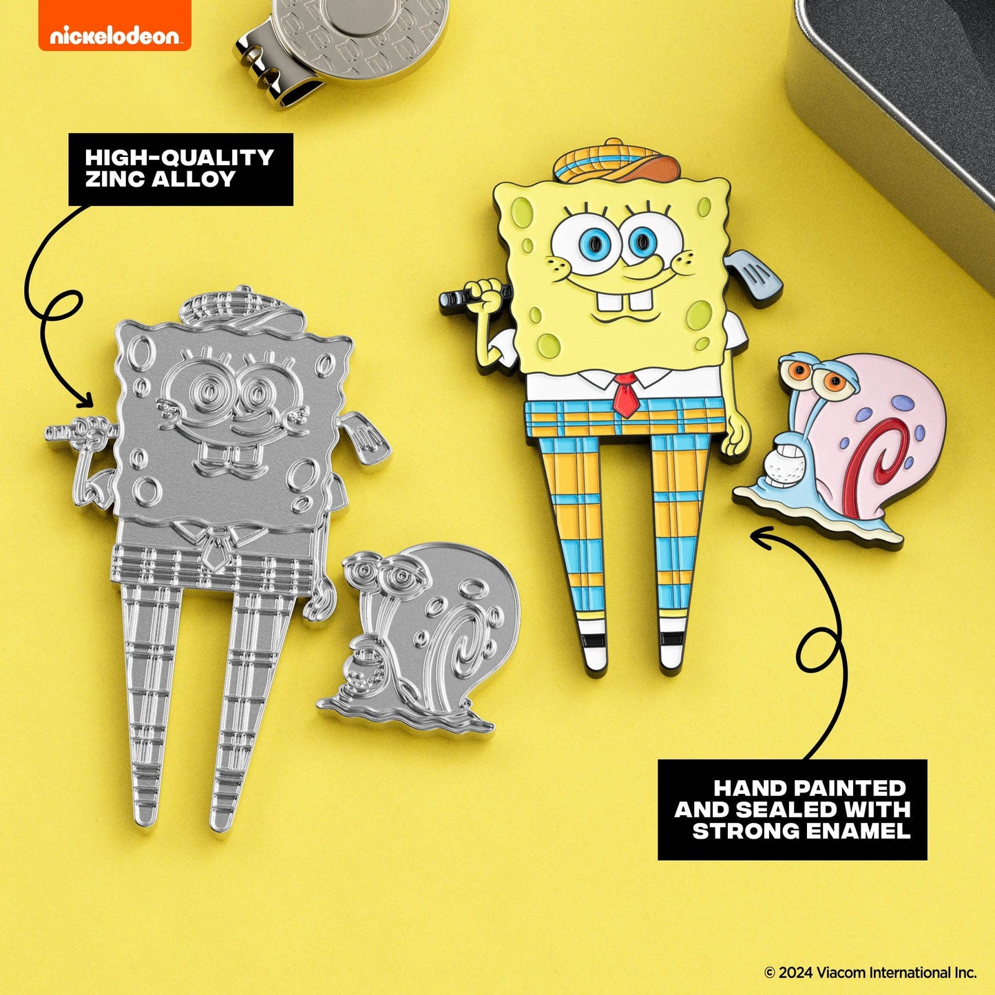 SpongeBob SquarePants divot repair tool and Gary snail ball marker showing front and back enamel detailing
