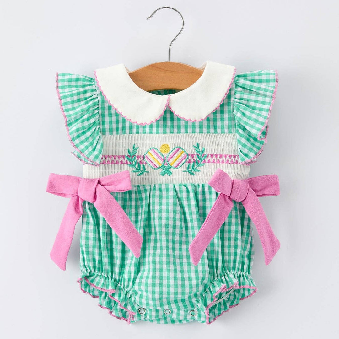 Pickle Ball Smocked Bow Baby Romper