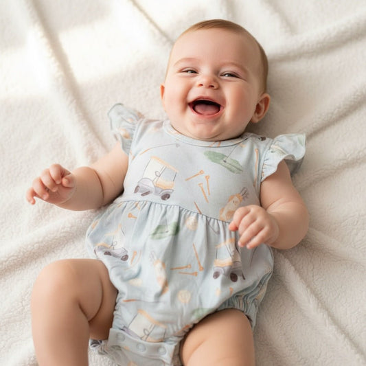 Dusty Blue Bamboo Ruffle Bubble Romper