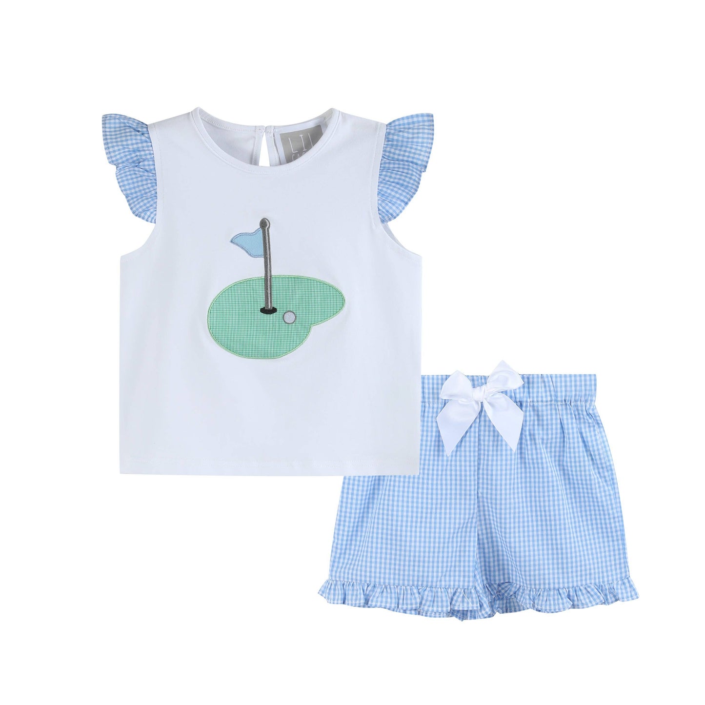 Front view of toddler golf hole ruffle tee and shorts set in light blue gingham with embroidered golf green appliqué and bow detail.
