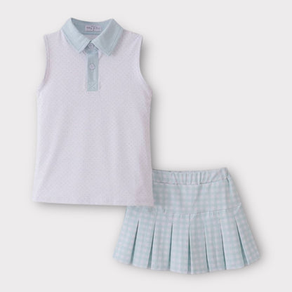 Sleeveless kids golf top with blue collar paired with matching blue gingham pleated skort set
