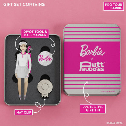 Complete Club Pro Barbie golf accessory gift set including divot tool, magnetic ball marker, hat clip, and protective storage tin
