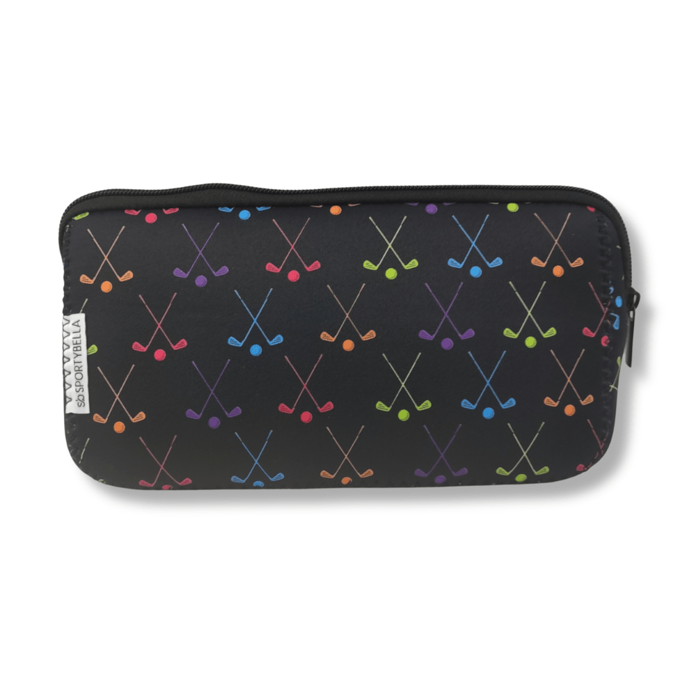 Black pouch with colorful golf club pattern on a white background