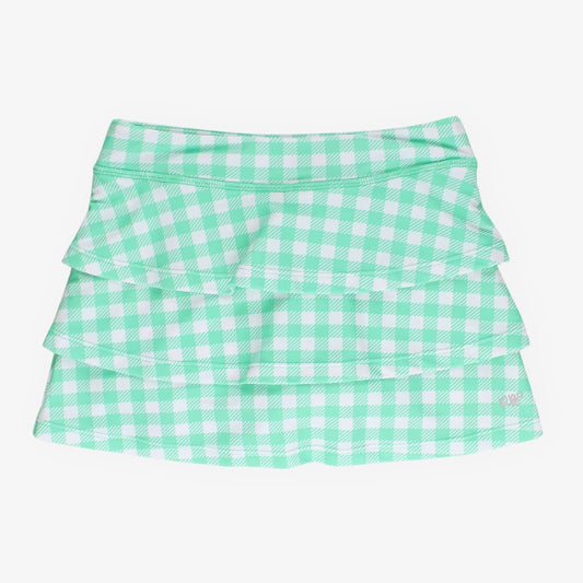 Green and white gingham skort with tiered layers on a white background